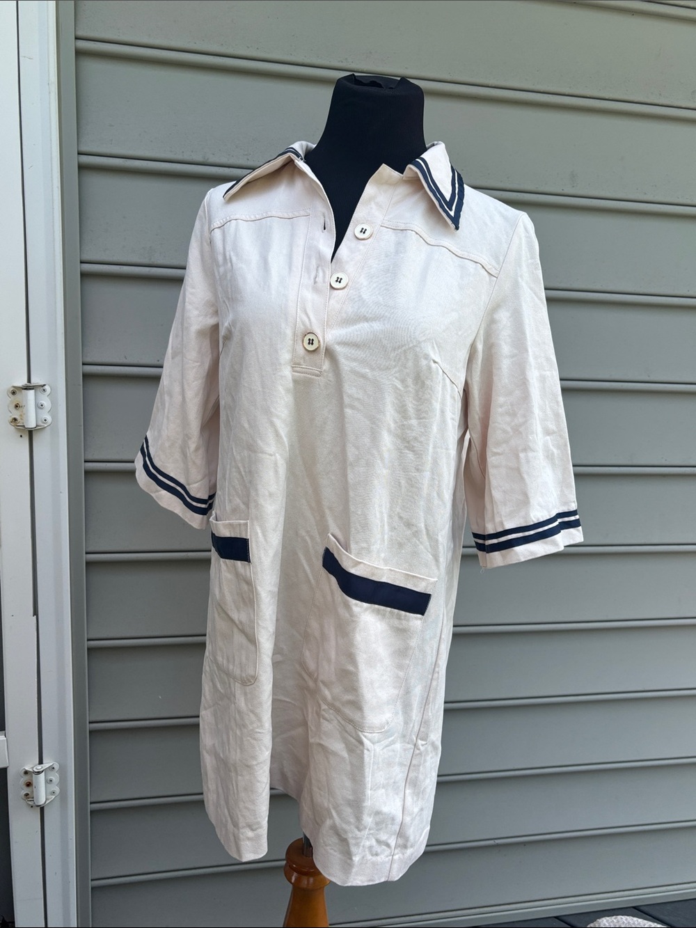 Pomander Place Cream Tunic Dress with Navy Trim